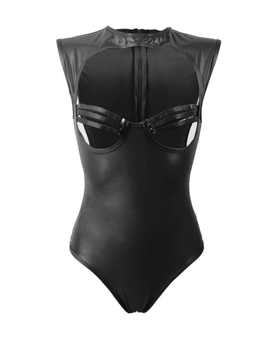 a woman wearing a black bodysuit with straps